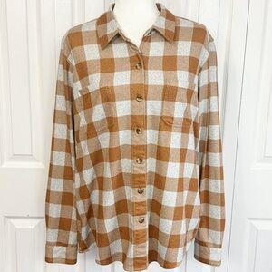 Natural Reflections Gray & Brown Plaid Knit Button Down Shirt Large